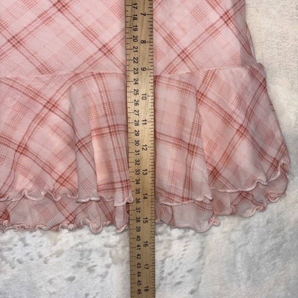 Forever 21 Pink‎ Plaid Mini Skirt M Ruffle Hem Stretchy Coquette Schoolgirl Sexy - Picture 3 of 8